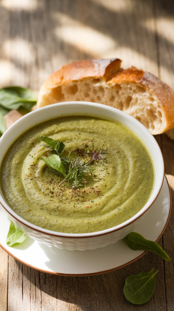 A bowl of creamy spinach soup garnished with herbs and a slice of bread on a wooden table.